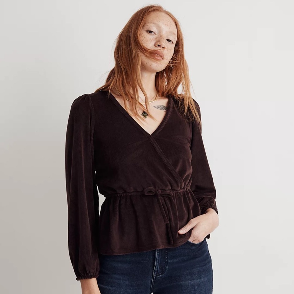 Corduroy Tie-Front Faux-Wrap Top